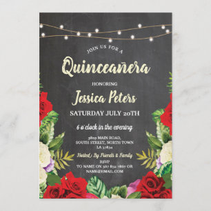 Quinceanera Party Chalk Red Roses Floral Invite