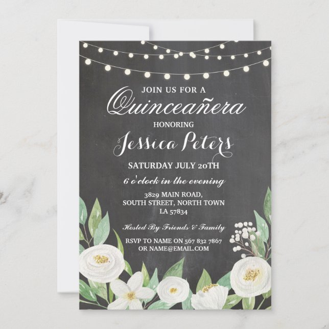 Quinceanera Party Chalk White Flowers Invite 15th (Front)