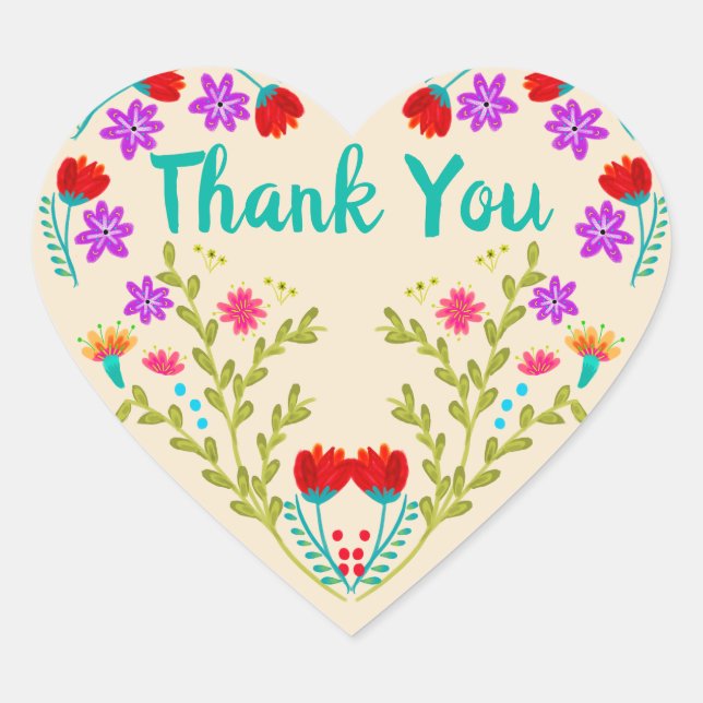 Quinceanera Party Champagne Floral Thank You Heart Sticker (Front)