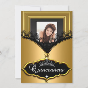 Quinceanera Party Gold Black Lace Girl Photo Invitation
