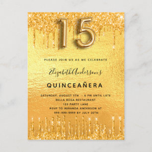 Quinceanera party gold drips invitation postcard