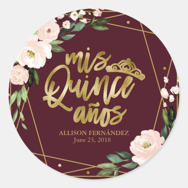Quinceanera Party Gold Foil Blush Burgundy Floral  Classic Round Sticker (Front)