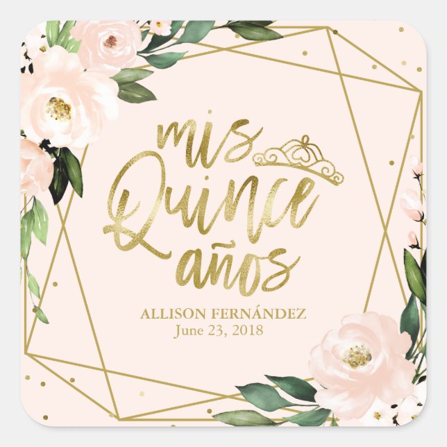 Quinceanera Party Gold Foil Blush Pink Square Sticker (Front)