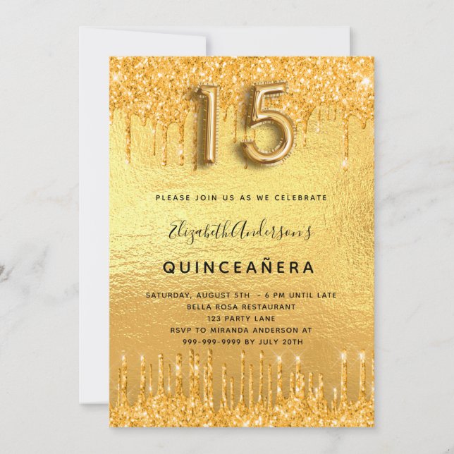 Quinceanera party gold glitter drips glam invitation (Front)