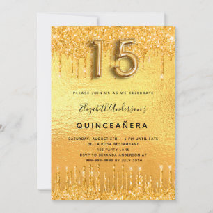 Quinceanera party gold glitter drips glam invitation