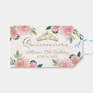 Quinceanera Party Gold Tiara Blush Pink Floral Fav Gift Tags