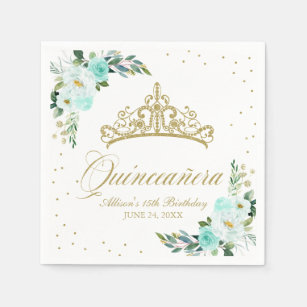 Quinceanera Party Gold Tiara Blush Teal Floral Napkin