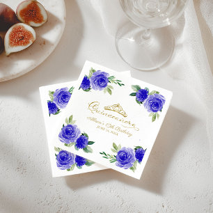 Quinceanera Party Gold Tiara Royal Blue Floral Napkin