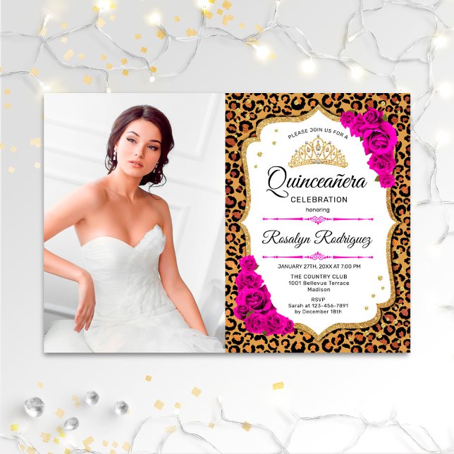 Quinceanera Party - Leopard Print Pink White Photo Invitation (Creator Uploaded)