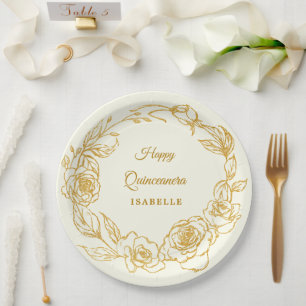 Quinceanera Party Luxe Gold Rose Floral Ivory Paper Plate