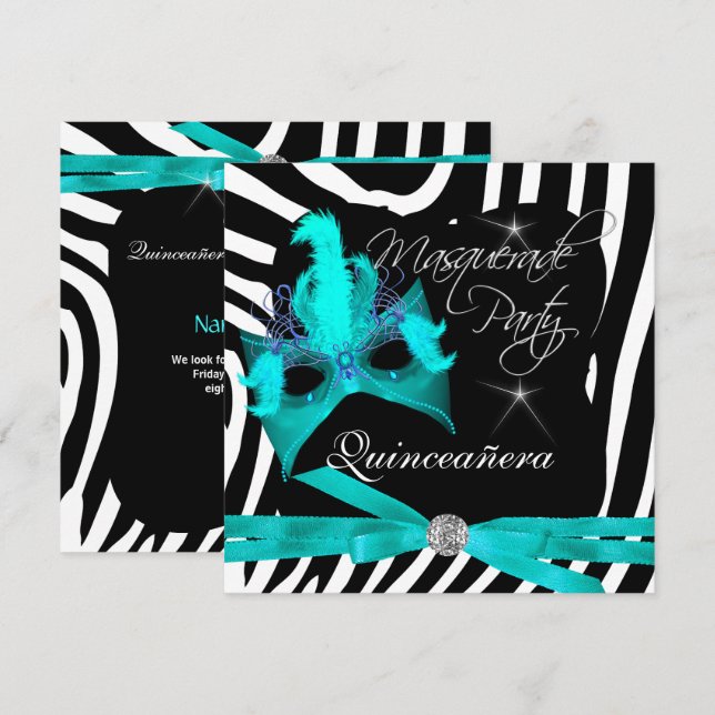 Quinceanera Party Masquerade Teal Zebra Invitation (Front/Back)