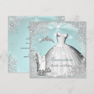 Quinceanera Party Mint Blue Silver Snowflakes Invitation