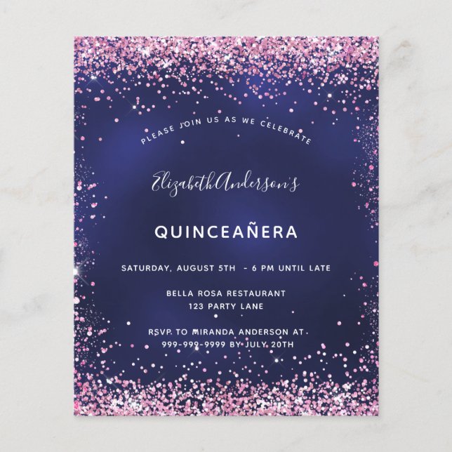 Quinceanera party navy blue pink budget invitation flyer (Front)