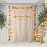 Quinceanera Party Photo Backdrop Mexican Floral Tapestry<br><div class="desc">Mexican floral photo backdrop with fiesta folk art flowers in earthy colour palette of champagne beige brown blue pink orange and yellow. Distinctive design with western typography and elegant handwritten script. The template is set up to personalise all of the text which currently reads name - quinceanera - date. Please...</div>