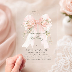 Quinceanera Party Pink Coquette Bow Rose Floral Acrylic Invitations