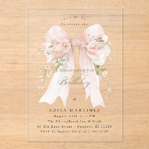 Quinceanera Party Pink Coquette Bow Rose Floral Acrylic Invitations