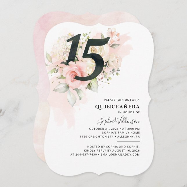 Quinceanera Party Pink Floral 15th Birthday Invitation (Front/Back)