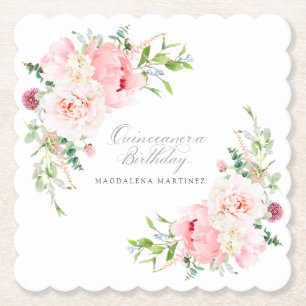 Quinceanera Party Pink Floral Custom Paper Coaster