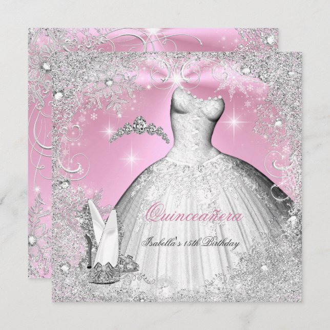 Quinceanera Party Pink Silver Winter Snowflakes Invitation (Front/Back)