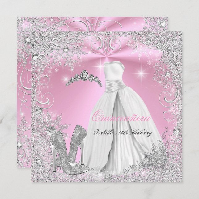Quinceanera Party Pink White Winter Snowflakes 2 Invitation (Front/Back)