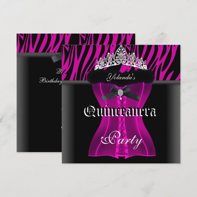 Quinceanera Party Pink Zebra Black Tiara Corset Invitation (Front/Back)