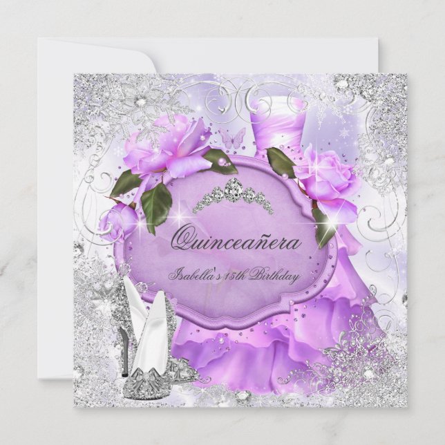 Quinceanera Party Purple Lilac Rose Snowflakes Invitation (Front)