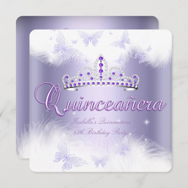 Quinceanera Party Purple Tiara Butterfly Invitation (Front/Back)