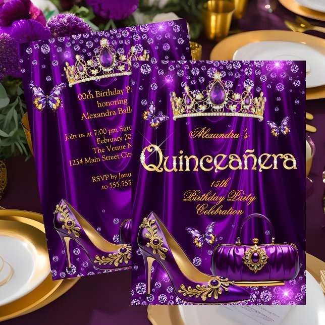 Quinceanera party Purple Tiara High heel gold Invitation (Creator Uploaded)