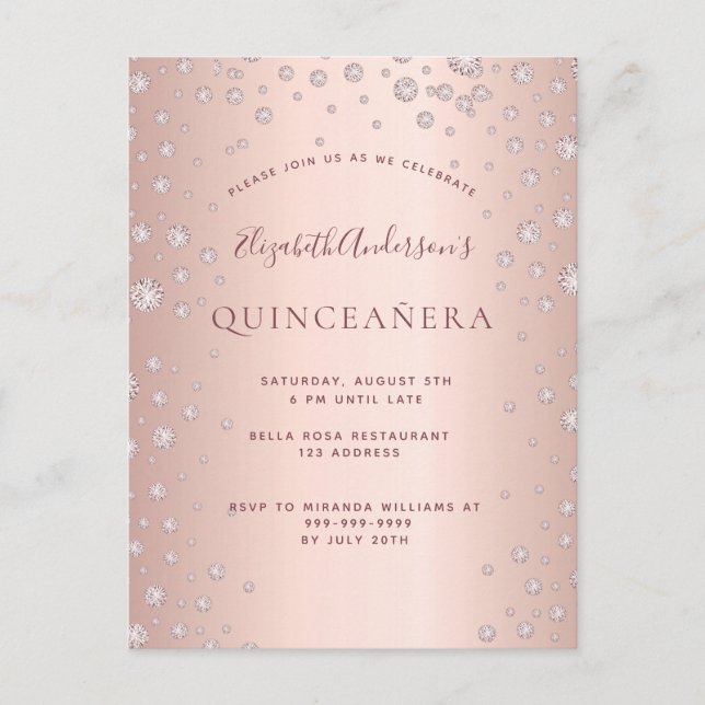 Quinceanera party rose gold diamonds invitation postcard (Front)