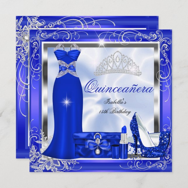 Quinceanera Party Royal Blue Silver Dress Heels S5 Invitation (Front/Back)