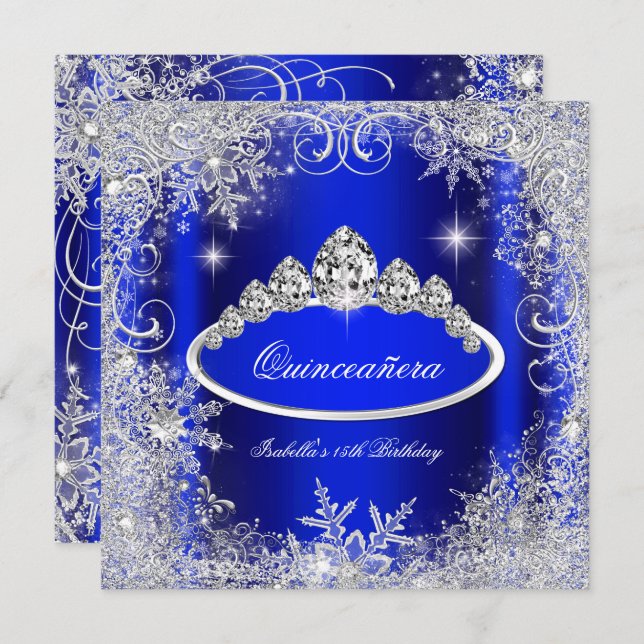 Quinceanera Party Royal Blue Silver Snowflakes Invitation (Front/Back)