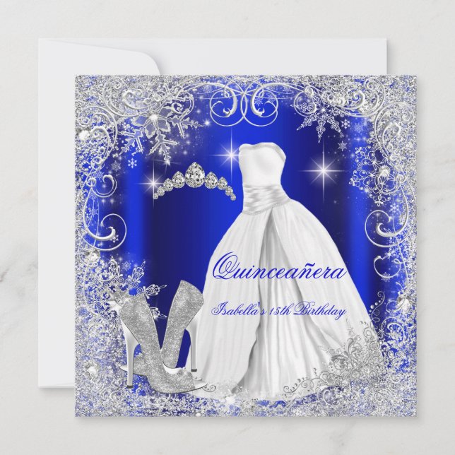 Quinceanera Party Royal Blue Silver Snowflakes Invitation (Front)