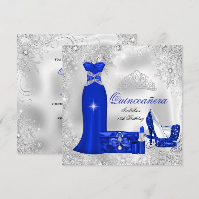Quinceanera Party Royal Blue Silver Snowflakes S Invitation (Front/Back)