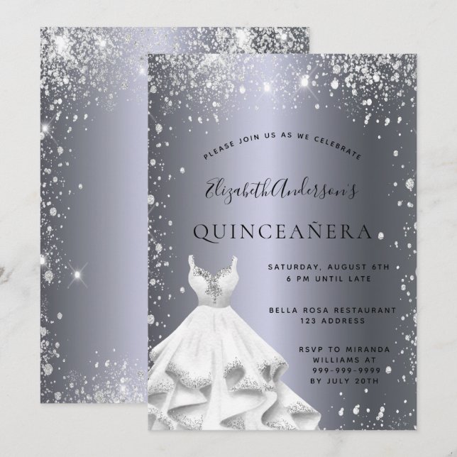 Quinceanera party silver dress glitter dust invitation (Front/Back)
