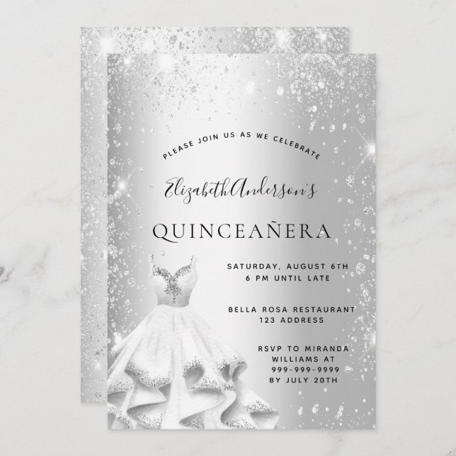 Quinceanera party silver dress glitter invitation (Front/Back)