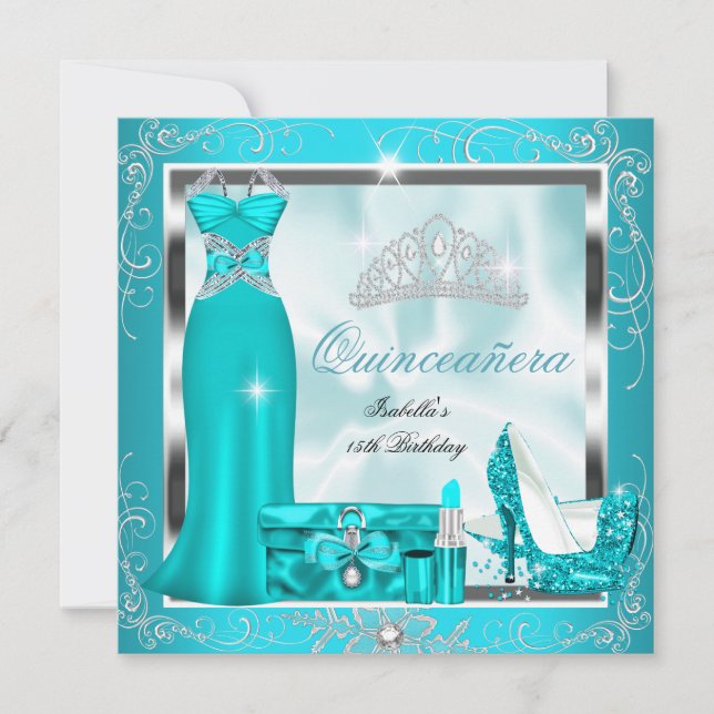 Quinceanera Party Teal Blue Silver Snowflakes S4 Invitation (Front)