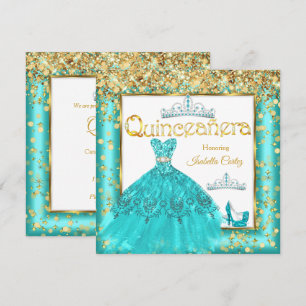 Quinceañera Party Teal Dress High Heels Gold Invitation
