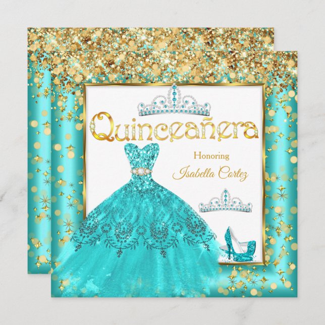Quinceañera Party Teal Dress High Heels Gold Invitation (Front/Back)