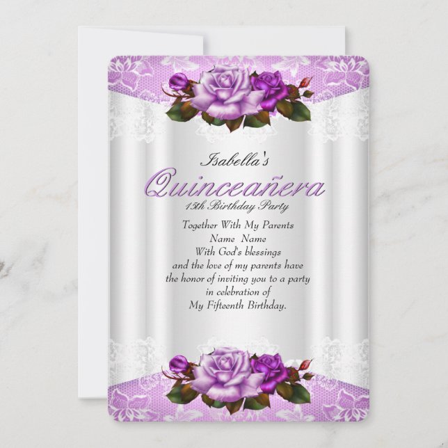 Quinceanera Party White Purple Pink Roses Lace Invitation (Front)