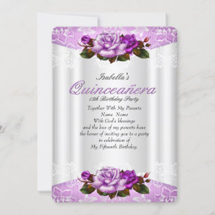 Quinceanera Party White Purple Pink Roses Lace Invitation