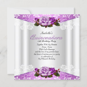 Quinceanera Party White Purple Pink Roses Lace Invitation