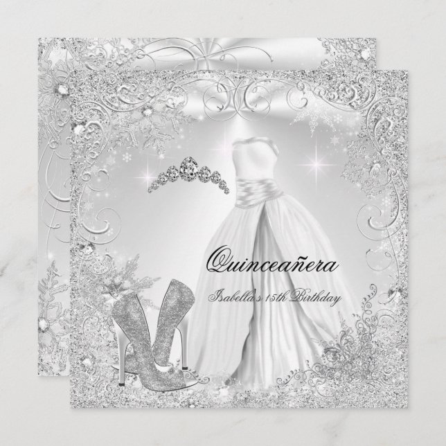 Quinceanera Party White Silver Winter Snowflakes 2 Invitation (Front/Back)