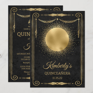 Quinceanera Party With Photo - Black and Gold Invitation