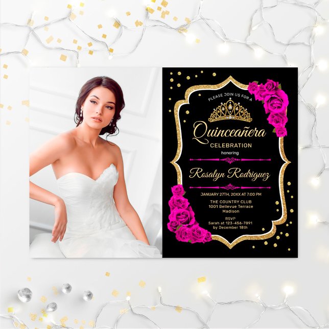 Quinceanera Party With Photo - Black Pink Gold Invitation (Creator Uploaded)