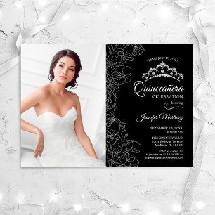 Quinceanera Party With Photo - Black White Floral Invitation