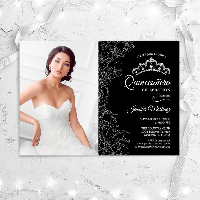 Quinceanera Party With Photo - Black White Floral Invitation (Creator Uploaded)