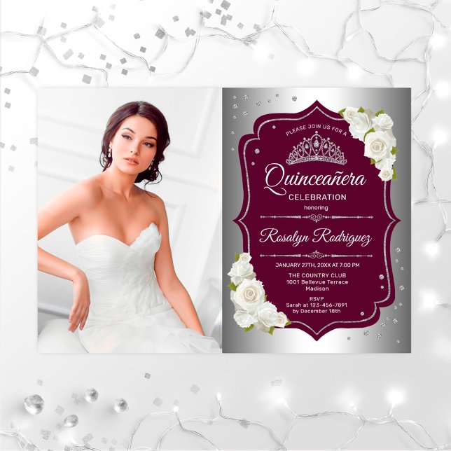 Quinceanera Party With Photo - Burgundy Silver Invitation (Creator Uploaded)