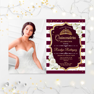 Quinceanera Party With Photo - Burgundy White Gold Invitation
