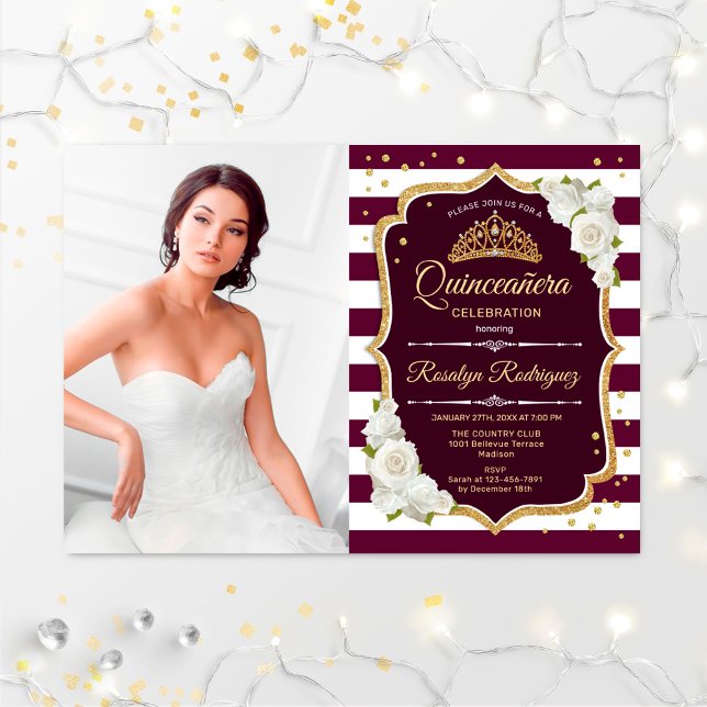 Quinceanera Party With Photo - Burgundy White Gold Invitation (Creator Uploaded)