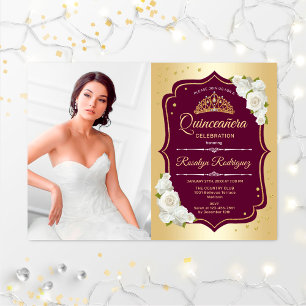 Quinceanera Party With Photo - Gold Burgundy Invitation